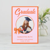 Orange Gingham Bow Photo Graduation Party 招待状 (スタンド正面)