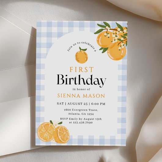 Orange Gingham Citrus 1st Birthday 招待状