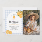 Orange Gingham Citrus 1st Birthday Photo 招待状 (正面)
