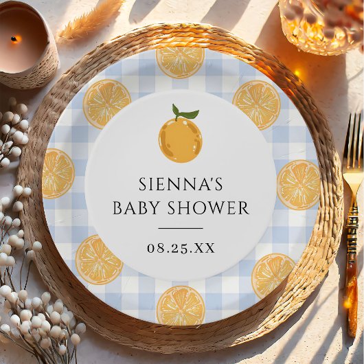 Orange Gingham Citrus Baby Shower ペーパープレート