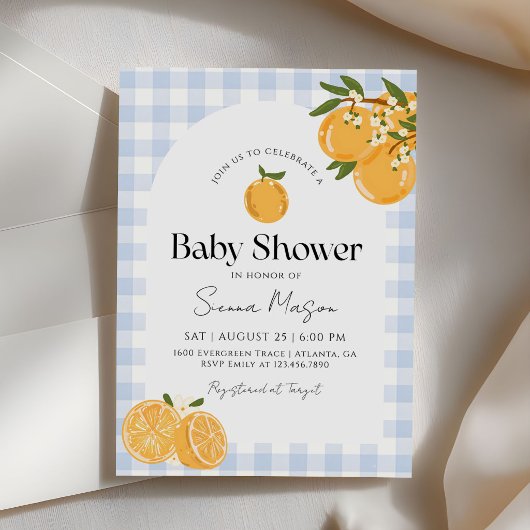 Orange Gingham Citrus Baby Shower 招待状
