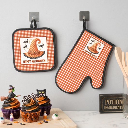 Orange Gingham Halloween Witch Hat and Bats 鍋つかみ&鍋敷きセット