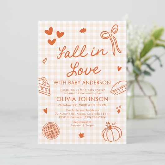 Orange Gingham Hand Drawn Fall in Love Baby Shower 招待状 (スタンド正面)