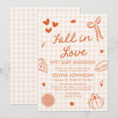 Orange Gingham Hand Drawn Fall in Love Baby Shower 招待状 (正面/裏面)