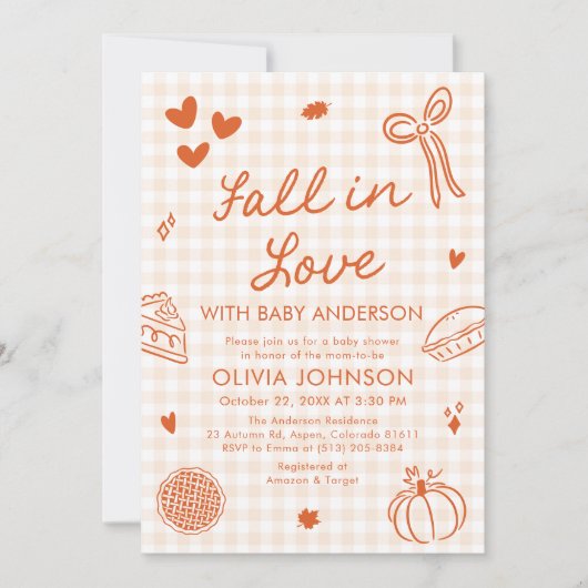 Orange Gingham Hand Drawn Fall in Love Baby Shower 招待状 (正面)