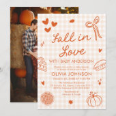 Orange Gingham Hand Drawn Fall in Love Baby Shower 招待状 (正面/裏面)