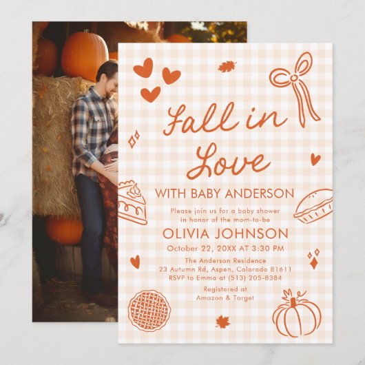 Orange Gingham Hand Drawn Fall in Love Baby Shower 招待状 (正面/裏面)