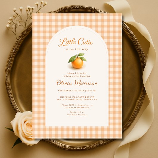 Orange Gingham Little Cutie Baby Shower 招待状