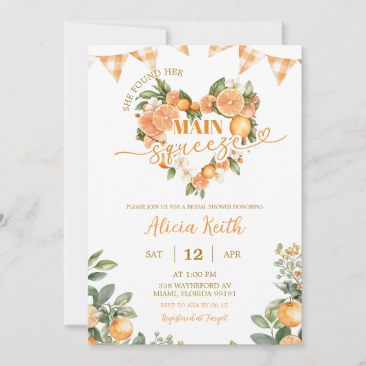 Orange Gingham Main Squeeze Bridal Shower 招待状 (正面)