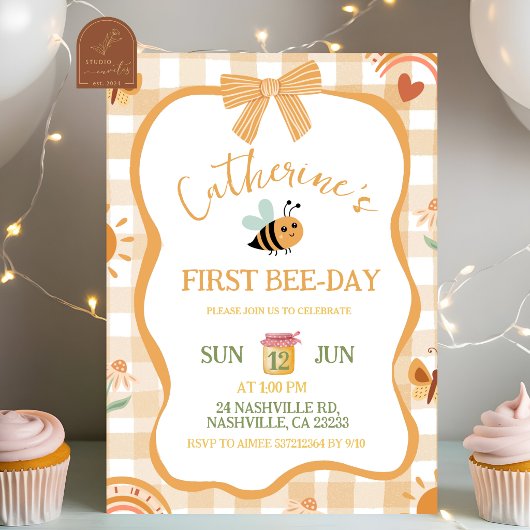 Orange Gingham Plaid Bee Birthday Invitation 招待状