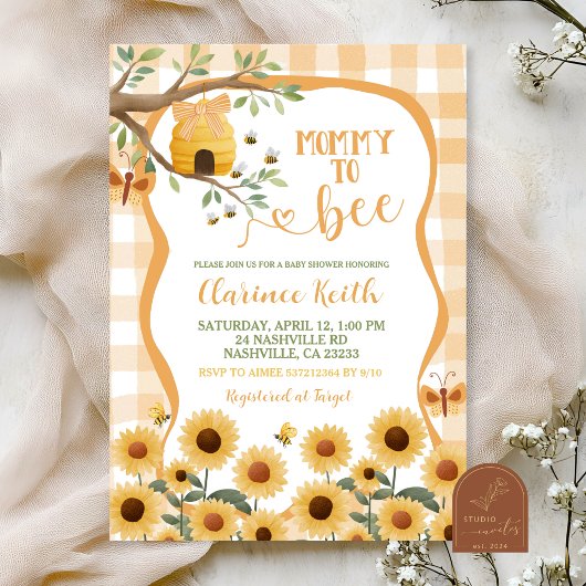 Orange Gingham Plaid Sunflower Bee Baby Shower Inv 招待状