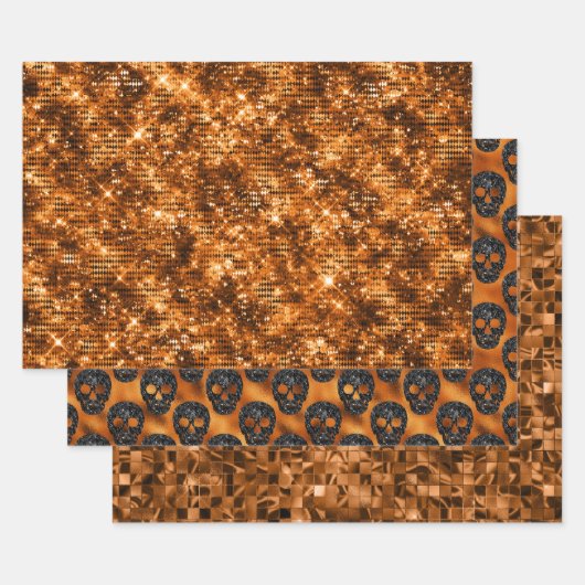 Orange Glitter Skull Halloween Pattern ラッピングペーパーシート (セット)