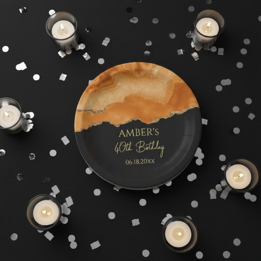 Orange Gold Glitter  Watercolor Marble ペーパープレート