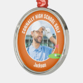 Orange Golfer Photo Custom Golf Team Christmas メタルオーナメント (左)