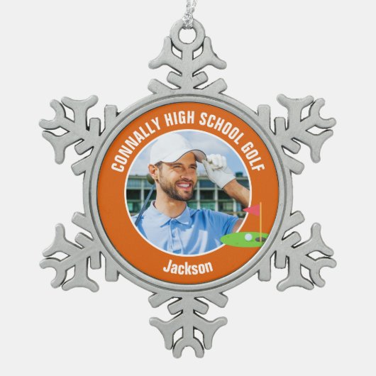 Orange Golfer Photo High School Golf Team スノーフレークピューターオーナメント (正面)