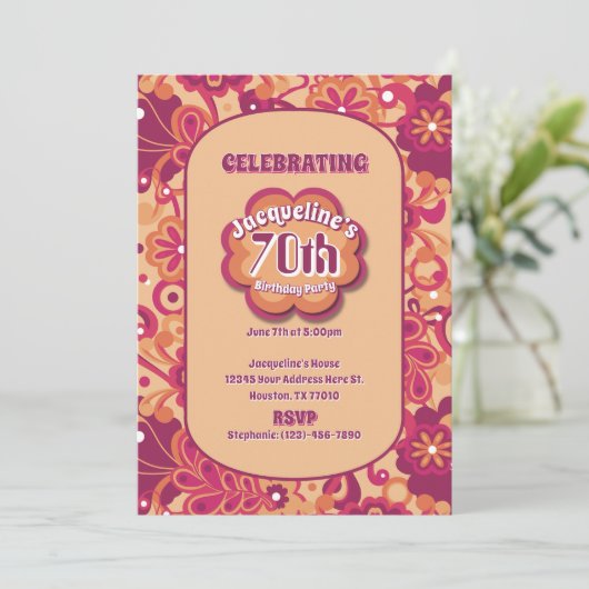 Orange Groovy Psychedelic 60s 70s Floral Birthday 招待状 (スタンド正面)