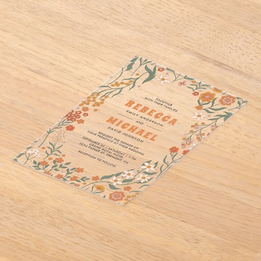 Orange Groovy Wildflower Wedding アクリル招待状 (レイダウン)