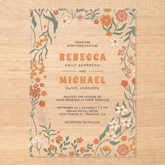 Orange Groovy Wildflower Wedding アクリル招待状 (正面)