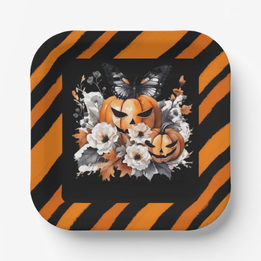 Orange Halloween Pumpkin Floral ペーパープレート (正面)