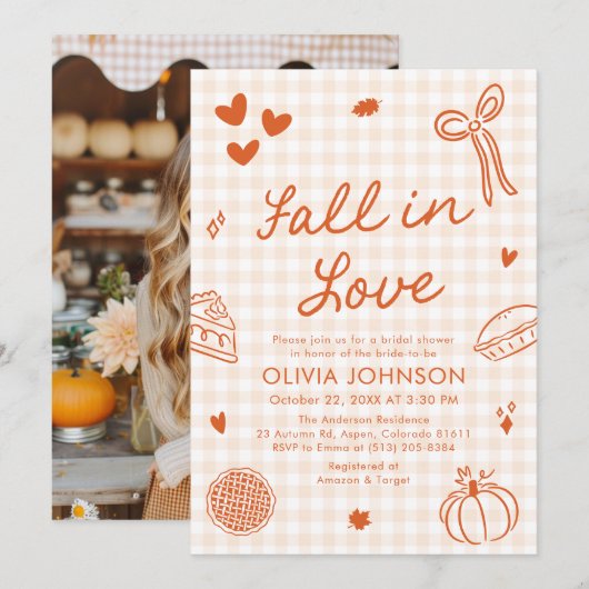Orange Hand Drawn Fall in Love Bridal Shower 招待状 (正面/裏面)