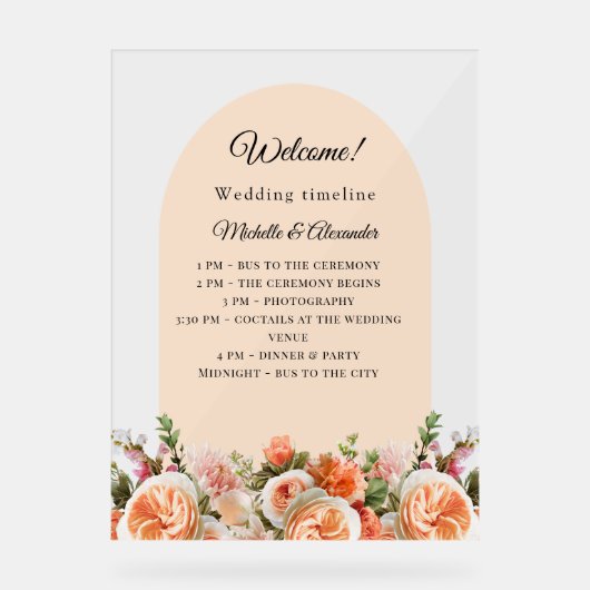 Orange ivory florals arch clear wedding program アクリルサイン (正面)