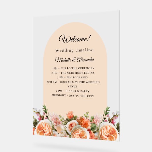 Orange ivory florals arch clear wedding program アクリルサイン (傾斜)
