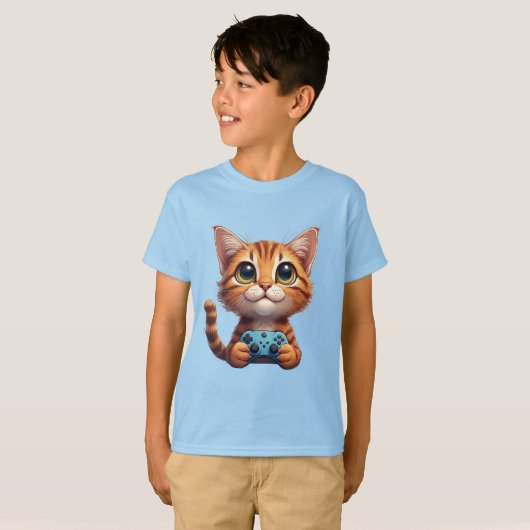 Orange Kitten Holding Game Controller Gamer Cat Tシャツ (正面フル)