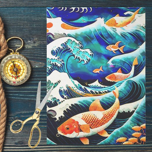Orange Koi Fish in a Great Wave Japanese Style   薄葉紙