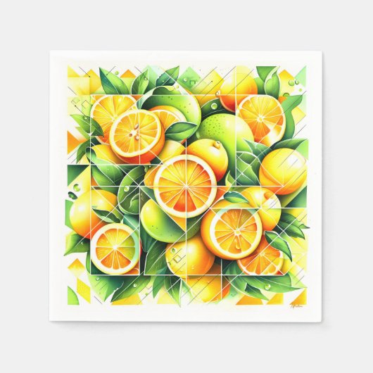 Orange Lemon Botanical Citrus Geometric スタンダードカクテルナプキン (正面)