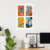 Orange & Light Blue Matchbox Labels Grid Print ポスター (ホームオフィス)