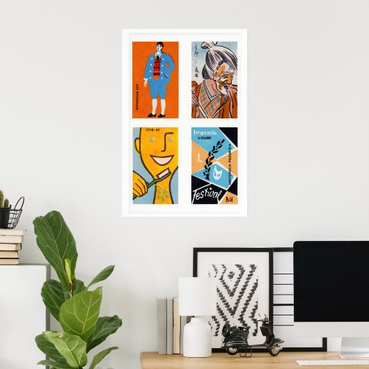 Orange & Light Blue Matchbox Labels Grid Print ポスター (ホームオフィス)