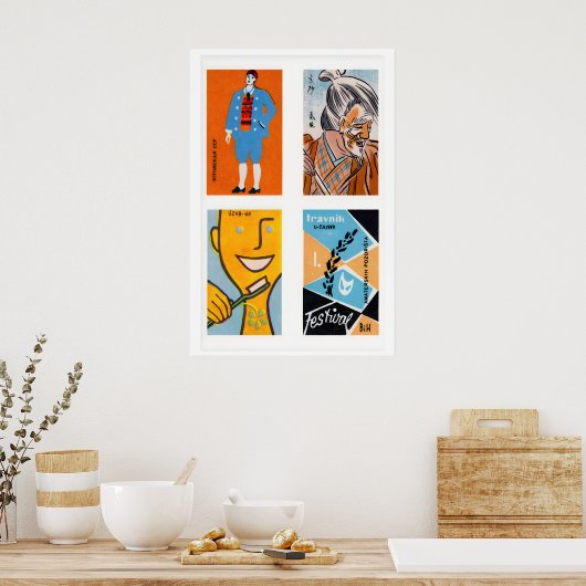 Orange & Light Blue Matchbox Labels Grid Print ポスター (キッチン)