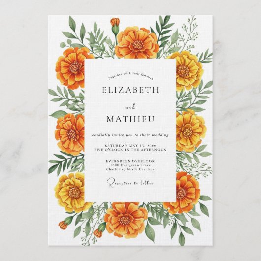 Orange Marigold Botanical Flourish Wedding 招待状 (正面)