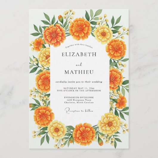 Orange Marigold Floral Whimsy Wedding 招待状 (正面)