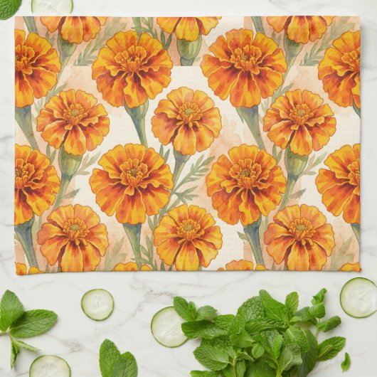 Orange marigold flowers pattern キッチンタオル (折り畳み)