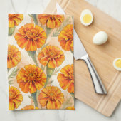 Orange marigold flowers pattern キッチンタオル (四つ折り)