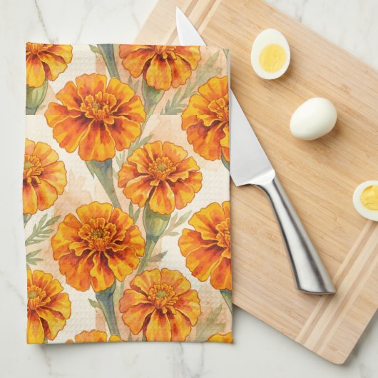 Orange marigold flowers pattern キッチンタオル (四つ折り)