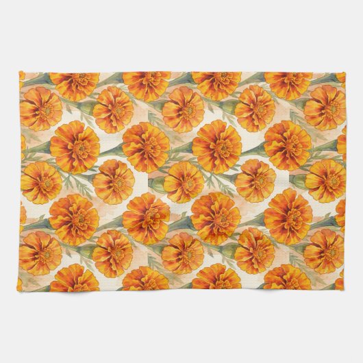 Orange marigold flowers pattern キッチンタオル (横)