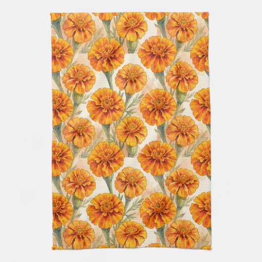 Orange marigold flowers pattern キッチンタオル (縦)