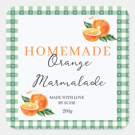 Orange Marmalade Jar Label Personalized Gingham  スクエアシール (正面)
