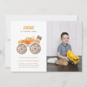 Orange Monster Truck Birthday Photo Invitation 招待状 (正面)