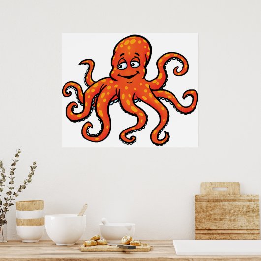 Orange Octopus Cartoon Ocean Sea Creature ポスター (キッチン)