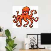 Orange Octopus Cartoon Ocean Sea Creature ポスター (ホームオフィス)