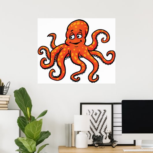 Orange Octopus Cartoon Ocean Sea Creature ポスター (ホームオフィス)