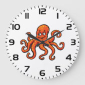 Orange Octopus Cartoon Ocean Sea Creature ラージ壁時計 (正面)