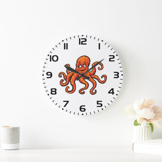 Orange Octopus Cartoon Ocean Sea Creature ラージ壁時計 (ホーム)