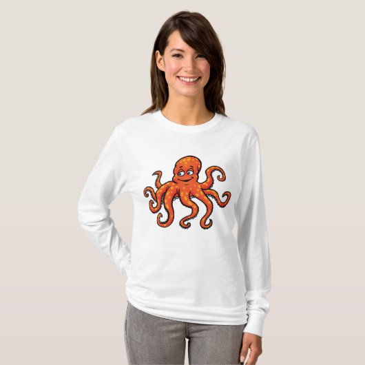 Orange Octopus Cartoon Ocean Sea Creature Tシャツ (正面フル)