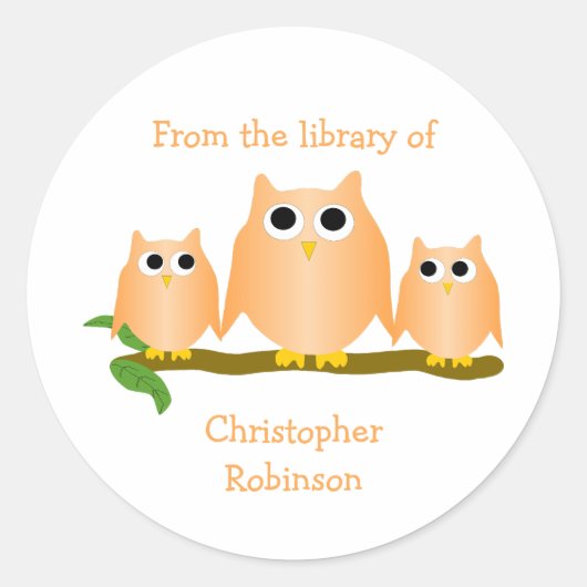 Orange Owls Design Bookplate ラウンドシール (正面)