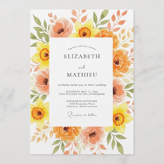 Orange Peach Painterly Blossom Wedding 招待状 (正面)