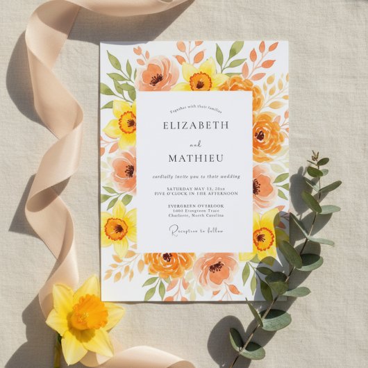 Orange Peach Painterly Blossom Wedding 招待状